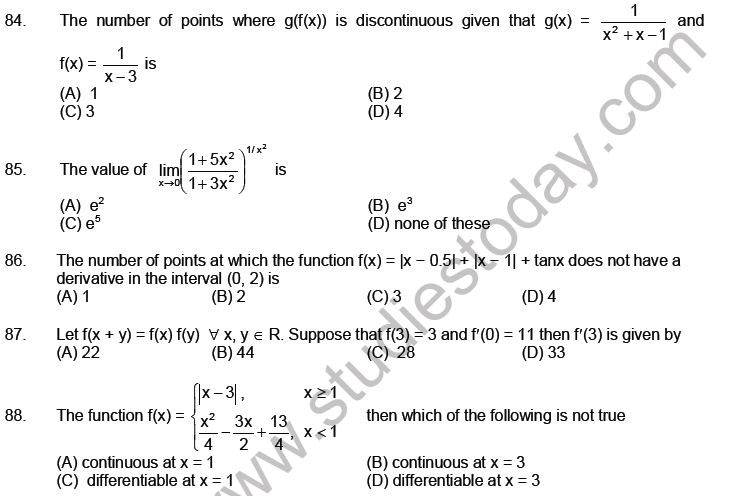 JEE Mathematics Limits Continuity And Differentiability MCQs Set A ...